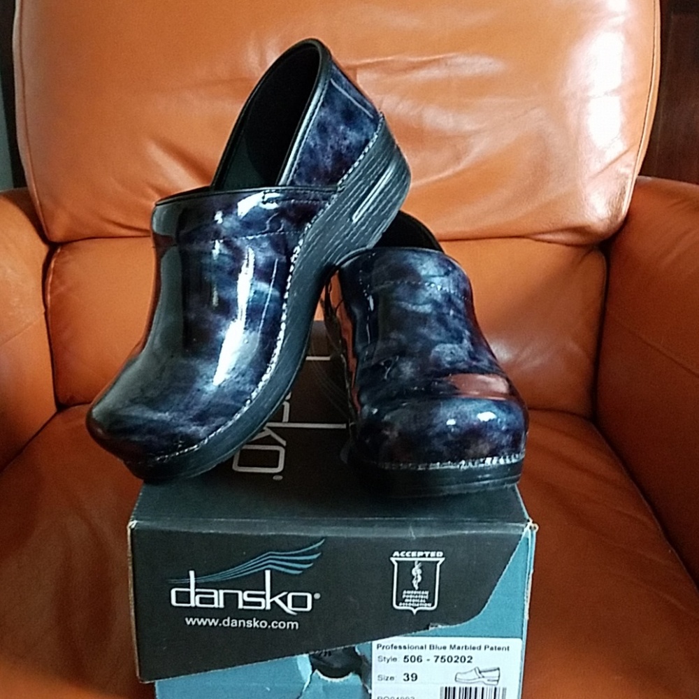 Blue and black marbled dansko clogs